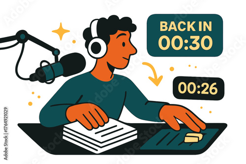 Radio Studio Countdown. Radio Studio Desk ? Ad Break Prep. Timer ticks toward zero above a neat stack of cue cards; a fader eases down. Tag ?back in :? hovers