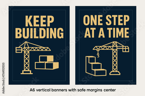 Navy Gold Building Banners. Keep building. Two vertical A6 banners with safe margins, centered composition, no elements touching edges, bold, navy and gold,