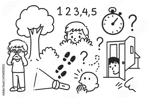 Hide and Seek Doodles. Hide and seek. Hand-drawn doodle illustration hide and seek child covering eyes, tree to hide behind, bushes, footprints, peeking face,