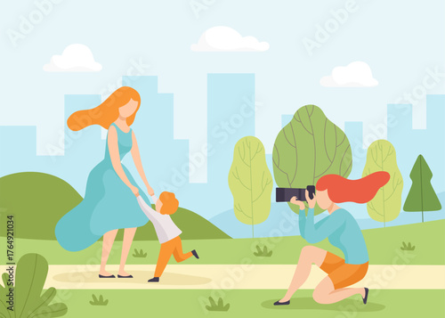 Woman Take Photo at Nature Enjoy Outdoor Activity Vector Illustration