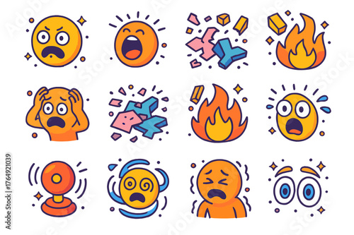 Chaotic Faces Icons. Screaming faces in chaos. Colorful isometric vector icons set of screaming faces in chaos: panicked face, shouting face, wide-eyed face,