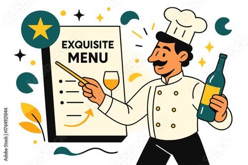 Luxury Dining Experience. Exquisite menu. Chef highlighting wine pairings next to menu with abstract floating icons and sparkles; conveys fine dining, luxury,