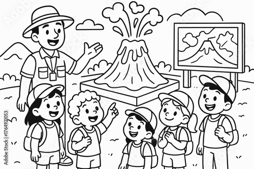 Volcano Adventure Coloring. Volcano field trip children?s coloring book illustration, outlined drawing, cheerful kids with a guide looking at a model volcano