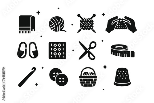Cozy Knitting Icons. Cozy Knitting. Solid icons set of Cozy Knitting: scarf, yarn ball, knitting needles, hands, stitch markers, pattern chart, scissors,