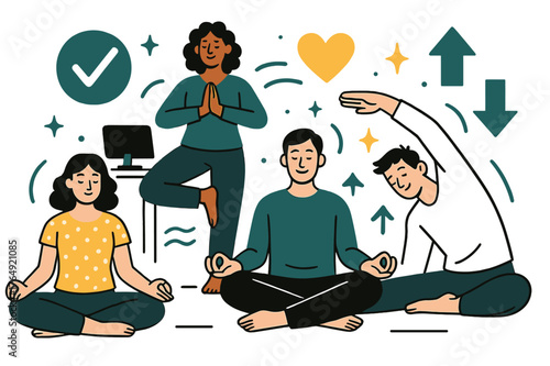 Office Yoga Break. Digital detox for employees. Team in office taking a break from screens, engaging in yoga and meditation with abstract floating icons,