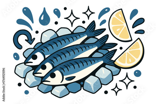 Fresh Sardine Display. Oily fish. Sardine fillets on ice with lemon wedges; abstract floating droplets and sparkles emphasize freshness, nutrition, and seafood