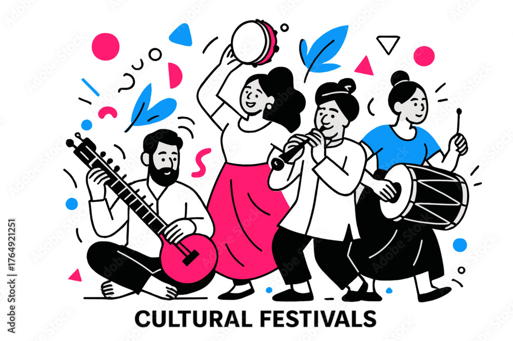 Obraz premium Vibrant Cultural Performance. Cultural Festivals. Group of musicians performing with traditional instruments and floating abstract geometric shapes, festive