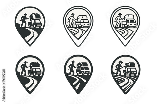 Farmer Hay Delivery Logos. A farmer loading hay onto a truck to deliver to market. Set Logo of A farmer loading hay onto a truck to deliver to market: rural