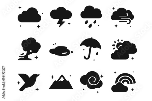 Storm Icon Sampler. Storm Clouds. Solid icons set of Storm Clouds: cloud, lightning, rain, wind, tree, puddle, umbrella, sun peeking, rainbow, bird, mountain,