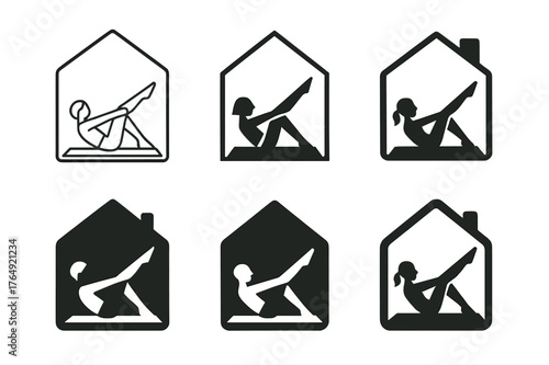 Pilates Logo Variations. A person doing a Pilates workout on a mat in a studio or at home. Set Logo of A person doing a Pilates workout on a mat in a studio or