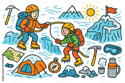 Glacier Expedition Adventure. Glacier expedition. Colorful Hand-drawn doodle Children illustration Glacier expedition climbers, rope, ice axe, crampons, frozen