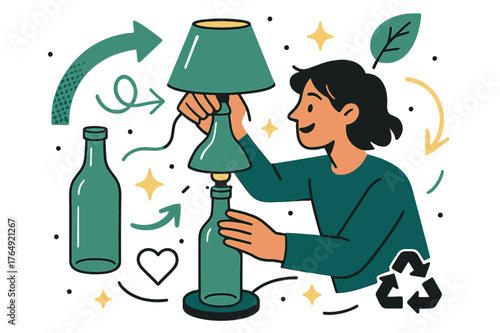 Eco-Friendly Lamp Crafting. Upcycling and creative reuse of materials. Person crafting a decorative lamp from recycled bottles with abstract floating arrows,