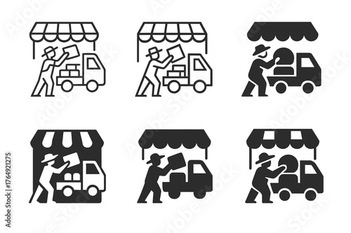 Farmer Hay Logos. A farmer loading hay onto a truck to deliver to market. Set Logo of A farmer loading hay onto a truck to deliver to market: market stall