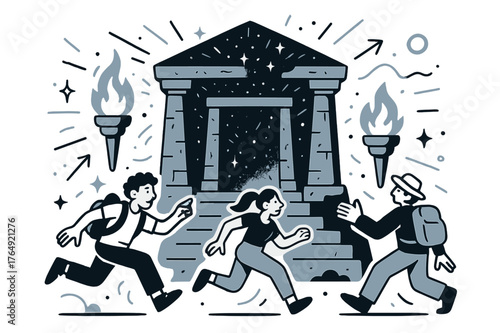 Mystical Temple Adventure. Ancient temples. Temple entrance with torches and stone steps; abstract floating sparkles and lines convey mystery, heritage, and