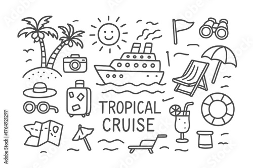 Tropical Cruise Doodle. Tropical Cruise. Hand-drawn doodle illustration Tropical Cruise cruise ship, palm trees, ocean waves, sun, deck chair, cocktail,