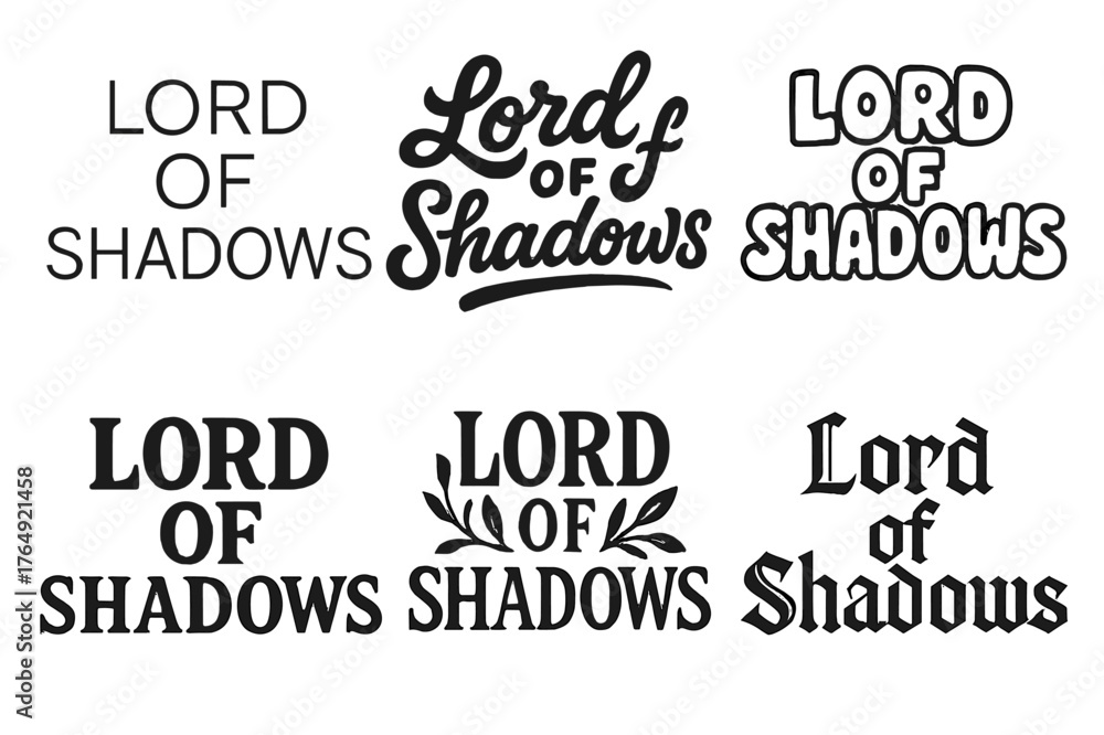 Fototapeta premium Diverse Lettering Styles. Lord of Shadows. Set lettering. harmonious lettering variations of the same emblematic concept (Modern minimal monoline lettering,
