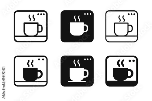 Virtual Coworking Logos. Virtual coworking cafes. Set Logo of Virtual coworking cafes: video call window with steaming mug. harmonious logo variations of the