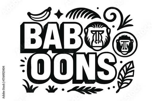 Bold Baboon Typography. Bold Block Lettering ? "Baboons" in massive bold geometric letters, stacked block composition, heavy outlines with subtle drop shadow,