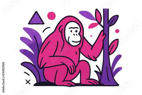 Orangutan Abstract Oasis. Endangered Species. Orangutan in the rainforest with floating abstract geometric shapes and soft glowing accents, rare and gentle