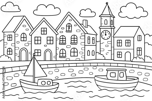 Charming Riverfront Coloring Scene. Old town riverfront children?s coloring book illustration, outlined drawing, charming stone buildings along a river