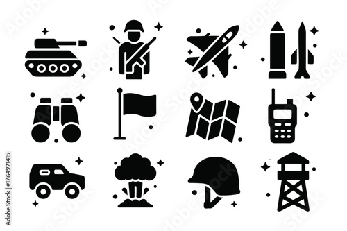 Armored Assault Icons. Armored Assault. Solid icons set of Armored Assault: tank, soldier, jet, missile, binoculars, flag, map, radio, armored vehicle,