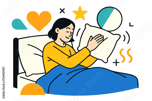 Comfortable Pillow Adjustment. Adjusting the Pillow to a Comfortable Position. Person lying in bed gently adjusting a pillow with floating abstract comfort