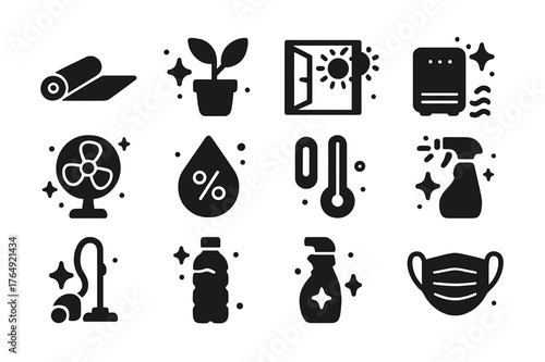 Indoor Wellness Icons. Indoor Wellness. Solid icons set of Indoor Wellness: yoga mat, house plant, open window, sunlight, air purifier, fan, humidity sensor,