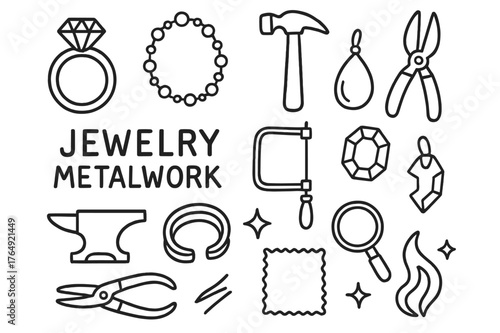 Jewelry Making Tools. Jewelry metalwork. Hand-drawn doodle illustration jewelry metalwork ring, necklace, hammer, pliers, anvil, wire, pendant, gemstone, saw,