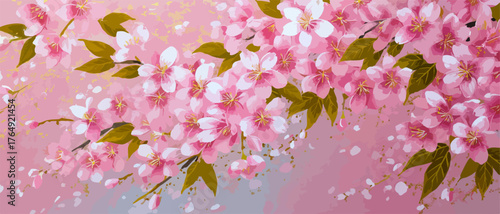 따스한 봄 햇살 아래 만개한 분홍빛 벚꽃들이 섬세한 예술적 터치로 아름답게 표현되어, 평화롭고 로맨틱한 분위기를 자아내며 희망과 새로운 시작을 상징하는 고품질 벡터 일러스트레이션 배경으로 활용하기 좋습니다.