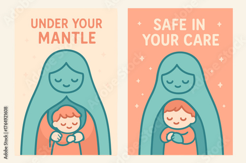 Tender Kawaii Banners. Tender Protector. Two vertical A6 banners with safe margins, centered composition, no elements touching edges, kawaii, coral and teal,