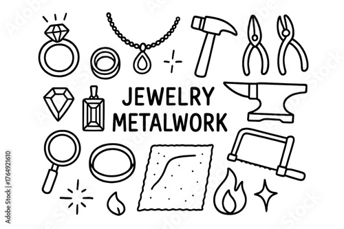 Jewelry Making Tools. Jewelry metalwork. Hand-drawn doodle illustration jewelry metalwork ring, necklace, hammer, pliers, anvil, wire, pendant, gemstone, saw,