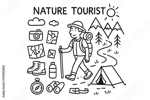 Nature Tourist Essentials. Nature Tourist. Hand-drawn doodle illustration Nature Tourist backpack, camera, map, hiking boots, tent, water bottle, binoculars,