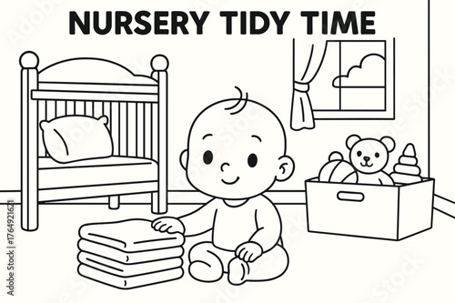 Nursery Tidy Time. Nursery tidy time children?s coloring book illustration, outlined drawing, a baby sitting with a stack of folded clothes beside a crib and