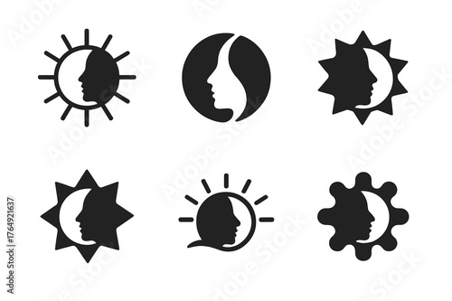 Sun and Skin Logos. How the Sun Affects Our Skin. Set Logo of Sun and Face Profile: Minimal outline, Abstract geometric, Negative space, Flat solid,