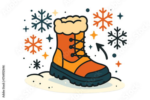 Stylish Snow Boots. Boot. Snow boots on snowy background with abstract floating snowflakes, icons, and sparkles; conveys winter, warmth, and outdoor fashion.