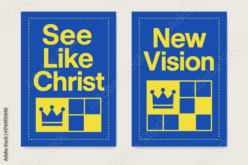 Bauhaus Kingdom Banners. Kingdom Vision. Two vertical A6 banners with safe margins, centered composition, no elements touching edges, bauhaus, cobalt and