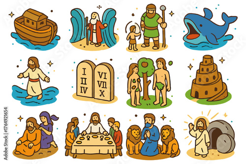 Isometric Faith Icon Set. Faith legends. Colorful isometric vector icons set of faith legends: Noah's Ark, Moses and the Red Sea, David and Goliath, Jonah and