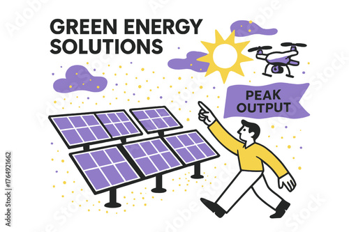 Solar Farm Inspection. Green Energy Solutions ? Solar Farm. Sunlit panels tilt in a neat grid; a tiny drone inspects rows while a banner says ?Peak Output.?