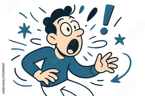 Cartoon Surprise Expression. Funny sketches. Cartoon character with exaggerated surprised expression; abstract floating motion lines, stars, and exclamation