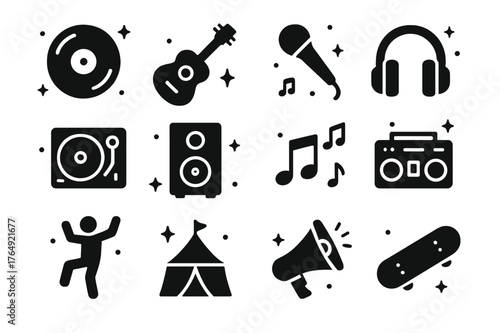 Music and Youth Icons. Music and Youth. Solid icons set of Music and Youth: vinyl record, guitar, microphone, headphones, DJ turntable, speaker, music notes,