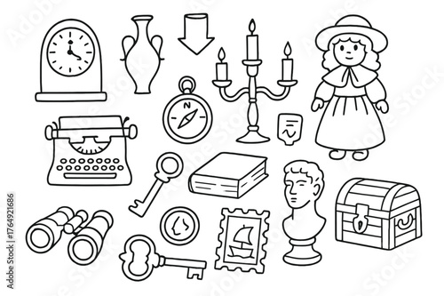 Antique Collectibles Icons. Antique collectibles. Hand-drawn doodle illustration antique collectibles clock, vase, candlestick, porcelain doll, typewriter,