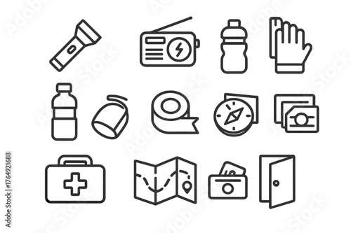 Urban Survival Essentials. Urban Survival. Line icon set of Urban Survival: flashlight, radio, power bank, water bottle, duct tape, work gloves, dust mask,