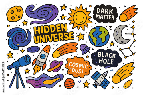 Cosmic Doodle Adventure. hidden universe. Colorful Hand-drawn doodle Children illustration hidden universe dark matter, galaxy, stars, planets, black hole,