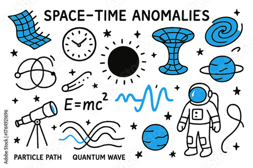 Space-Time Anomalies Doodle. // Space-time anomalies. Hand-drawn doodle illustration Space-time anomalies [twisting grid (accented), clock (accented), black