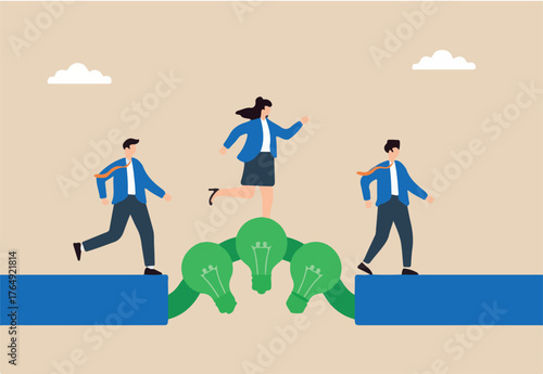 Flat illustration of employees assembling green lightbulb bridge to connect corporate departments on sustainability plan