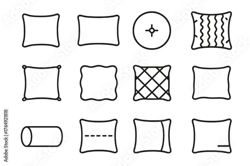 Pillow Icon Collection. Pillow Designs. Line icon set of Pillow Designs: square pillow, rectangle pillow, round pillow, patterned pillow, tassel pillow, fluffy