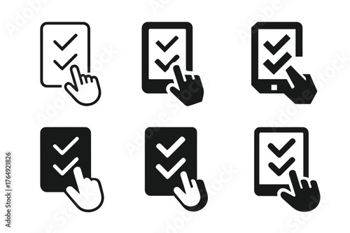 Interactive Quiz Logos. Interactive Quizzes. Set Logo of Interactive Quizzes: touchscreen with checkmarks. harmonious logo variations of the same emblematic