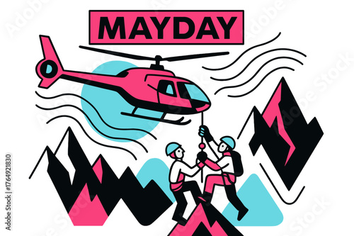Mountaintop Rescue Mission. High-Altitude Ridge Pickup. Thin air, sharp peaks; the helicopter noses in while a climber clips into the hoist. A minimalist