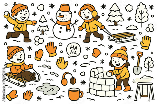 Winter Wonderland Fun. Kids snow play. Hand-drawn doodle illustration snowballs (colored), children (colored), snowman (colored), winter hats (colored),