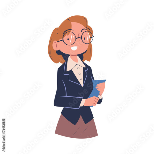 Woman Business and Office Worker in Glasses Engaged in Professional Job Vector Illustration